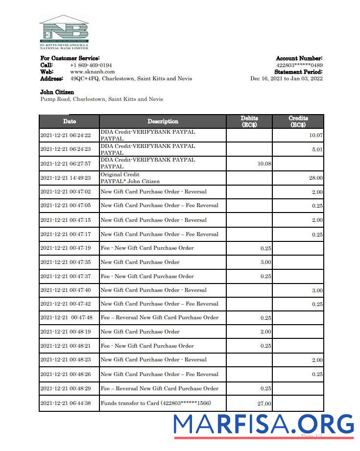 Printable Saint Kitts and Nevis SKNA bank statement excel template